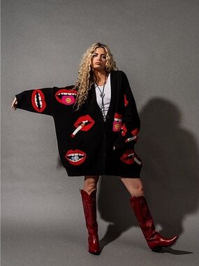 Dressed in LALA Black Cardigan with Red Lip Motif